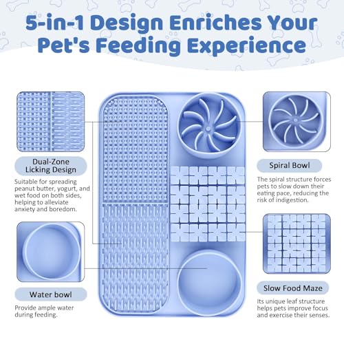 EaTubano Slow Feeder Dog Bowl Cat Food Mat Silicone Lick Mat for Dogs with Snuffle Area, Suction Cup and Multiple Licking Patterns(Blue)