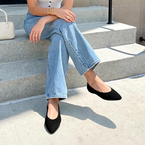 DREAM PAIRS Women's Pointed Toe Knit Ballet Ballerina Flats,Black,9