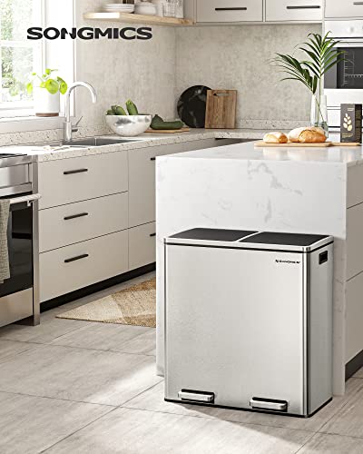 SONGMICS Trash Can, 2 x 8 Gallon Garbage Can for Kitchen, with 15 Trash Bags, 2 Compartments, Plastic Inner Buckets and Hinged Lids, Airtight, Silver and Black ULTB60NL