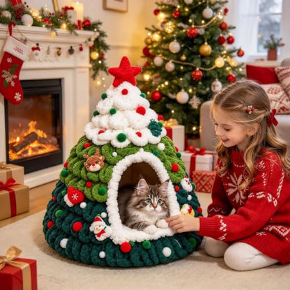 Christmas Tree Cat Bed Knitted Warm Indoor Nest Cat Tent for Small Pets | 20*24in Xmas Cat Tree Festive Holiday Warm Cat House for Naps Hiding and Relaxing for Small Cats Puppies and Small Pets