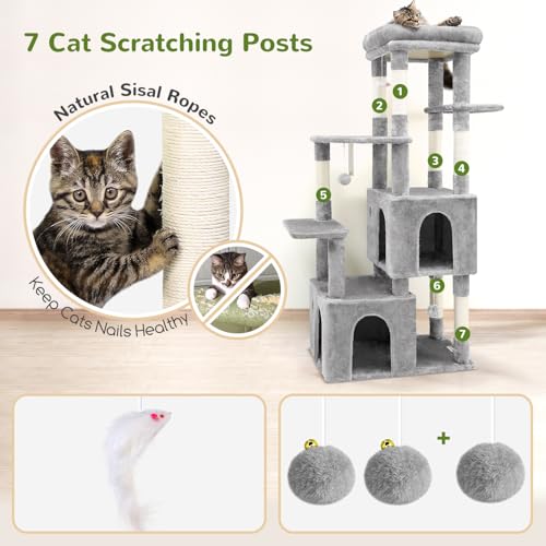 Globlazer Cat Tower for Indoor Cats, 61inch Heavy Duty Cat Trees for Large Adult Big Cats Maine Coon Cat Tree Tower with Scratching Post, Extra Large Top Perch, Cat Condos, F61, Light Grey