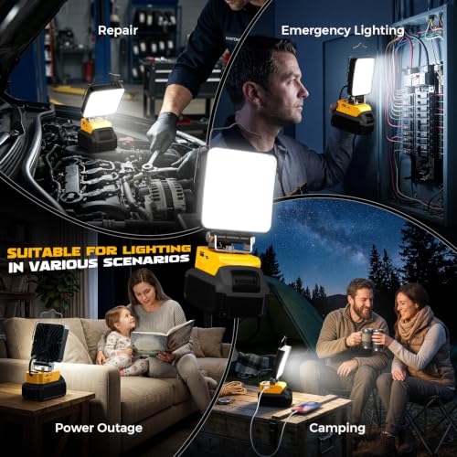 LIVOWALNY Cordless LED Work Light Compatible with Dewalt 20v Battery, 112W 11200LM Flashlight, Portable LED Flood Battery Light with USB A & USB C Charging Output Port for Emergency