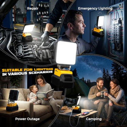 LIVOWALNY Cordless LED Work Light Compatible with Dewalt 20v Battery, 112W 11200LM Flashlight, Portable LED Flood Battery Light with USB A & USB C Charging Output Port for Emergency