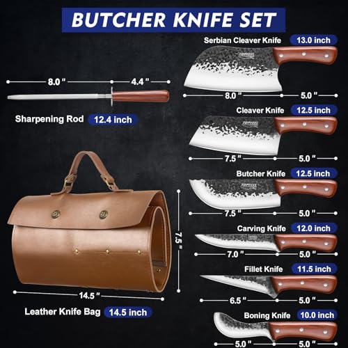 8PCS Chef Butcher Fish Knife Set for Meat Cutting with Roll Bag, Hand Forged Meat Cleaver Knife Boning Carving Knife Set for Home、Camping、BBQ