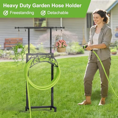NEYCIL Garden Hose Holder with Telescopic Pole, Freestanding Garden Hose Stand Stake with 4 Spikes, Heavy Duty Sturdy Metal Hose Storage Rack and Hanger for Outside Yard Lawn Farm, Black