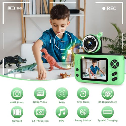 Kids Camera for Boys and Girls HD Selfie Digital Camera for 3-12 Year Old Kids with Tripod & SD Card, Perfect for Christmas & Birthday Gifts Best Festival Gift(Green)