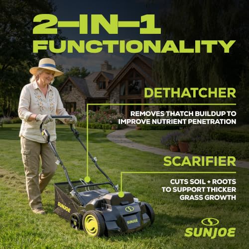 Sun Joe 24V-X2-DTS15 Scarifier and Dethatcher Kit, 5-Depth Positions, 15-inch, Brushless Motor, w/ 2 x 24-V 4.0-Ah Batteries and Dual Port Charger