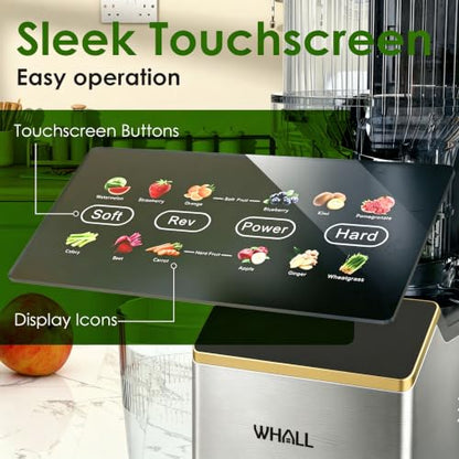 WHALL Touch Screen Juicer Machines, Cold Press Juicer with Large Feed Chute | Stainless Steel Masticating Juicers, Anti-clog, Easy to Clean, Vegetable & Fruit, High Juice Yield, 2 Speed Modes, Silver