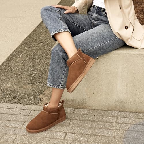 DREAM PAIRS Women's Mini Winter Snow Boots Genuine Suede,Chestnut,8
