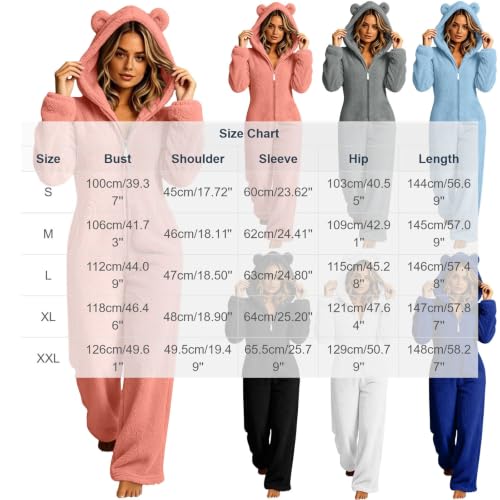 Womens Onesie Fleece Zip Up Cuffs Hooded Loose Cute Bear Pajamas | Long Sleeve Soft Fuzzy Jumpsuit,Casual Lounge One Piece Sherpa Sleepwear,Adult Onesie Party Funny Pjs,Fall Winter Loungewear