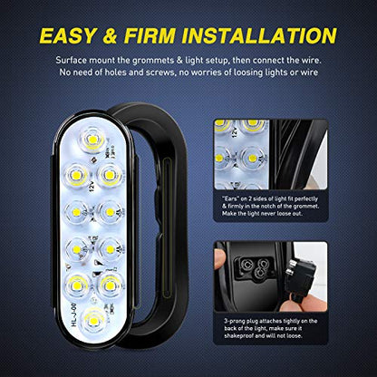 Nilight 6 Inch Oval White Trailer Tail Lights 2PCS 10 LED w/Flush Mount Grommets Plugs IP67 Waterproof Reverse/Back Up Lamp for Truck RV Camper Boat Jeep, White