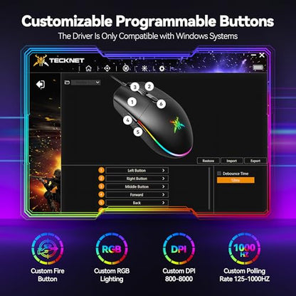 TECKNET Wired Gaming Mouse - Ergonomic Wired Mouse with 8000 DPI, 6 Programmable Buttons, RGB Backlighting, 1000Hz Polling Rate, Gaming Mice for Laptop/PC