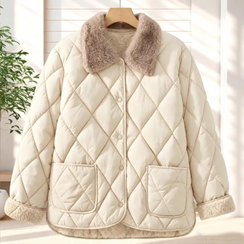 Women's Lightweight Quilted Jacket Faux Fur Collar Short Padded Coat Button Down Casual Mild Weather Outerwear with Pockets