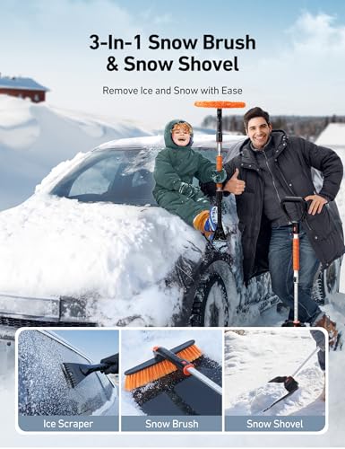 AstroAI 2" 1 Snow Brush Kit, 46" Ice Scraper &43" snow shovel for Car | 360° Pivoting Snow Brush, Extendable Snow Shovel with Foam Grip for Car, Trucks, SUVs, Vehicles（Orange）