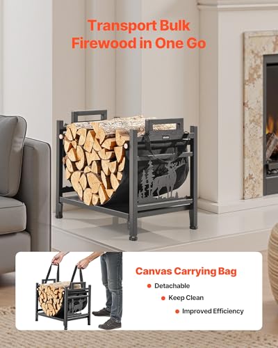 VEVOR Indoor Firewood Rack, 1.5 ft Curved Log Holder with Canvas Carrier, 40lb Weight Capacity Wood Storage Stand, Powder-Coated Steel Firewood Holder, Heavy Duty Wood Pile Stacker Rack for Fireplace