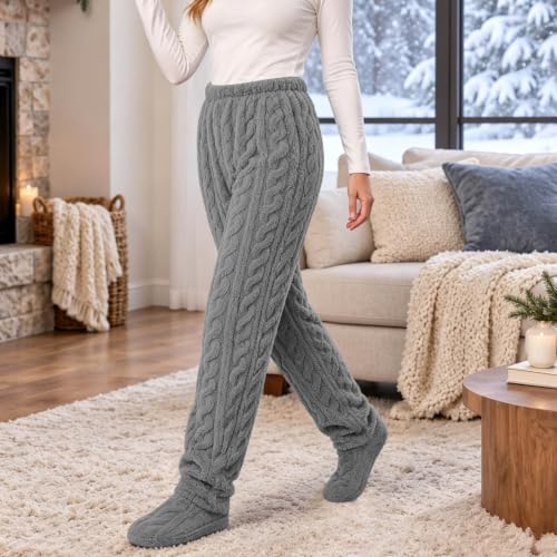 Footed Pj Pants for Women Soft Warm Fuzzy Fleece Pajamas Bottoms Dark Gray