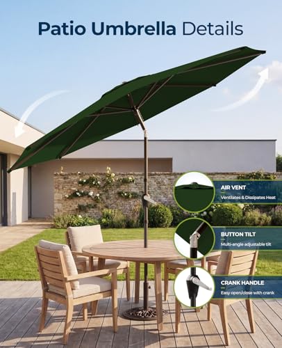 MUCHENGHY 9ft Patio Umbrella, Outdoor Market Table Umbrella with Push Button Tilt and Crank, 8 Ribs UV Protection Sun Shade for Lawn, Deck, Garden, Fishing, Backyard & Pool(Pine Green)