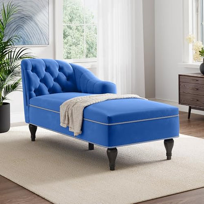 Merax 58'' Velvet Chaise Lounge, Button Tufted Right Arm Facing Lounge Chair with Nailhead Trim & Solid Wood Legs, Sleeper Lounge Sofa for Living Room, Bedroom, Office (Blue)