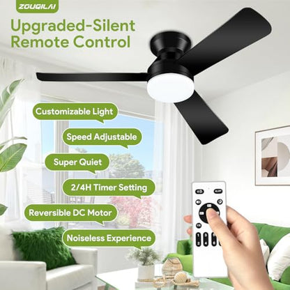 ZOUQILAI 42" Black Ceiling Fans with Lights and Remote, Low Profile Ceiling Fan with Light, Reversible DC Motors, 3CCT Dimmable Timer Noiseless, Flush Mount Ceiling Fan for Bedroom/Living Room
