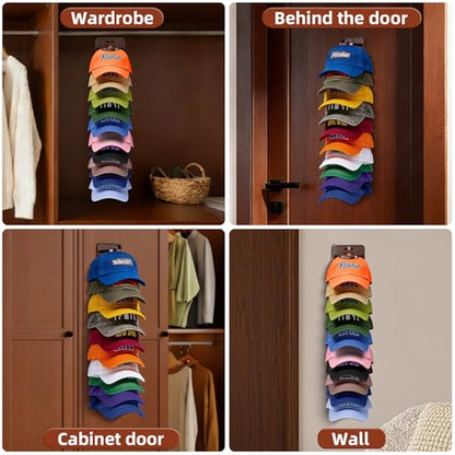 Spring Clip Hat Organizer for Baseball Caps – 2 Pack, Wall Hat Rack for Door & Closet – Keeps 20 Hats Tidy in Garage, Dorm, Man Cave – Multi-Layer Cap Storage (Brown)