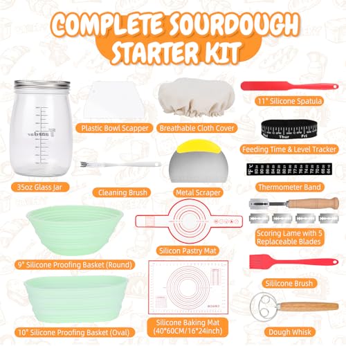 Complete Sourdough Bread Starter Kit with 35OZ Jar, All-in-One Sourdough Starter Kit, 2 Silicone Proofing Baskets, Non-Stick Baking Mat & 15-Piece Baking Tools Set - Includes Dough Scraper, Lid & More