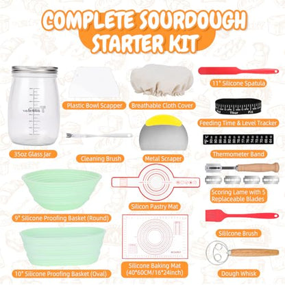 Complete Sourdough Bread Starter Kit with 35OZ Jar, All-in-One Sourdough Starter Kit, 2 Silicone Proofing Baskets, Non-Stick Baking Mat & 15-Piece Baking Tools Set - Includes Dough Scraper, Lid & More