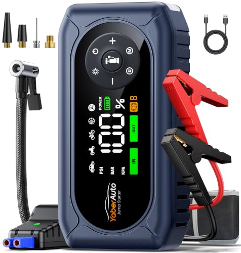 YaberAuto Jump Starter with Air Compressor,5000A Car Battery Booster Jump Starter with 150PSI Tire Inflator, 12V Car Booster Pack (All Gas/9L Diesel),Safety Jump Cable,18W Fast Charge,800 Lumen Light