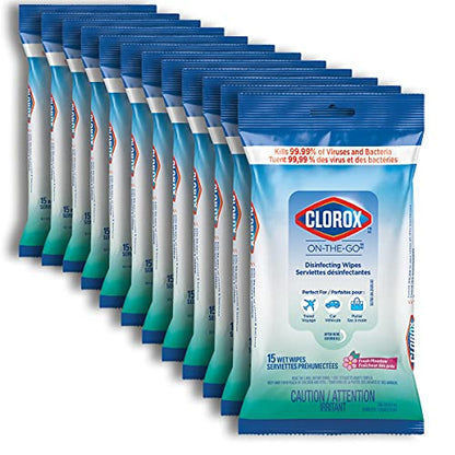 Clorox On-The-Go Disinfecting Wipes, Fresh Meadow, 15 Count, Multi-Pack of 12 Sachets