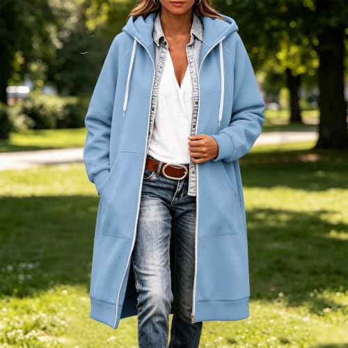 Zip Up Fleece Hoodie Women Long Womens Jacket Long Hoodies for Women Plus Size Zip Up Jacket with Hood Knee Length Cardigan Coat Casual Fleece Sweatshirt Full Zipper Light Blue,XL