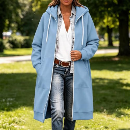 Zip Up Fleece Hoodie Women Long Womens Jacket Long Hoodies for Women Plus Size Zip Up Jacket with Hood Knee Length Cardigan Coat Casual Fleece Sweatshirt Full Zipper Light Blue,XL