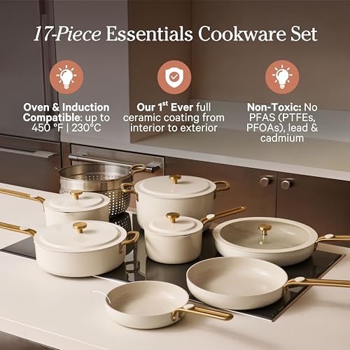 Our Place 17-Piece Essentials Complete Cookware Set - Ceramic Fry Pans, Saucepans, Sauté Pan, Stock Pot, Strainer Basket & Modular Storage | Thermakind™ Nonstick, Oven Safe up to 230°C | Cream