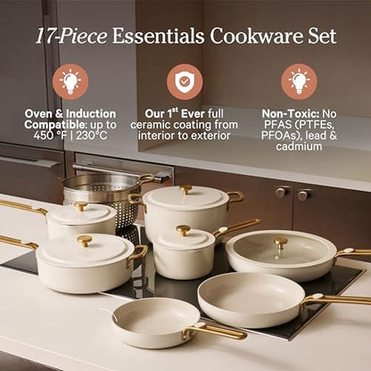Our Place 17-Piece Essentials Complete Cookware Set - Ceramic Fry Pans, Saucepans, Sauté Pan, Stock Pot, Strainer Basket & Modular Storage | Thermakind™ Nonstick, Oven Safe up to 230°C | Cream