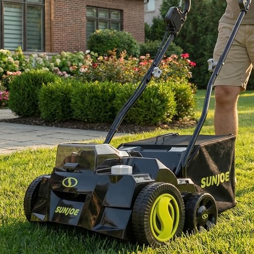 Sun Joe 24V-X2-DTS15 Scarifier and Dethatcher Kit, 5-Depth Positions, 15-inch, Brushless Motor, w/ 2 x 24-V 4.0-Ah Batteries and Dual Port Charger