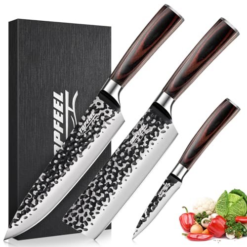 Topfeel 3PCS Chef Knife, Hand Forged High Carbon Stainless Steel Japanese Knife Sets, Ultra Sharp Professional Kitchen Knife Sets with Wood Ergonomic Handle