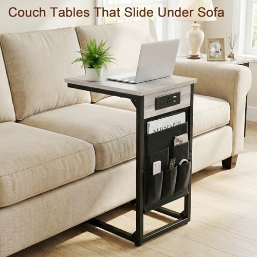 AMHANCIBLE C Shaped Side Table, with Charging Station, TV Tray Set of 2