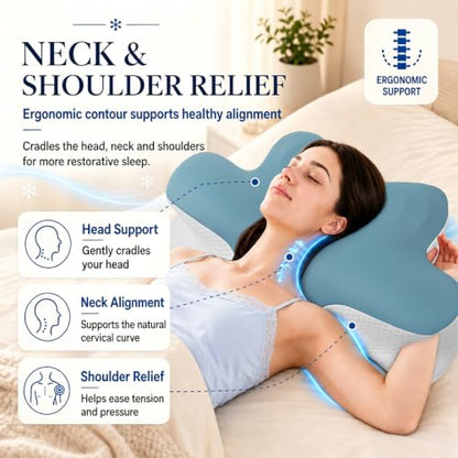 Cervical Neck Pillow for Neck and Shoulder Pain Relief, Ergonomic Memory Foam Contour Pillow with Armrest Grooves, Cooling Washable Cover & Dual-Height Support for Side and Back Sleepers