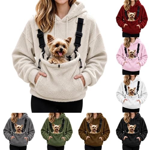 Dog Pouch Sweater Womens Pet Carrier Hoodie 2026 Fall Winter Fleece Sweatshirt Long Sleeve Pullover with Pet Pouch Pocket for Cat Dog Khaki X-Large