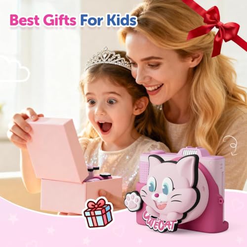 Kids Camera for Big Boys and Girls Flip Screen2.4+Telescopic Zoom 1080P Selfie Photo+Video Digital Camera for Age 5-12 with Cartoon Cover & SD Card Gift Best Chritmas Birthday Festival Gift(Pink)