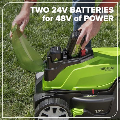 Greenworks 48V (24V x 2) 17" Cordless (Push) Lawn Mower (200+ Compatible Tools), (2) 4.0Ah Batteries and Dual Port Rapid Charger Included