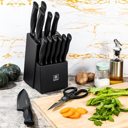 15-Piece Kitchen Knife Block Set with Built-in Sharpener, Upgraded Non-Stick Coating Blades, Ergonomic Handles, Dishwasher Safe