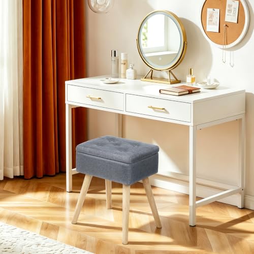 Vanity Stool with Storage, Vanity Chair with Solid Wood Legs, Grey