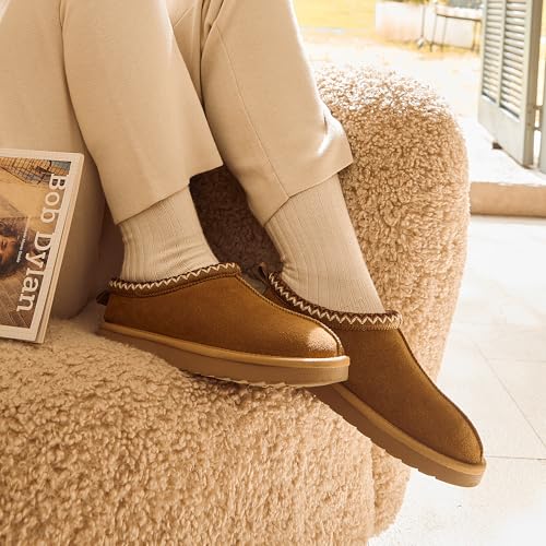 DREAM PAIRS Women's Slippers Genuine Suede,Chestnut,7