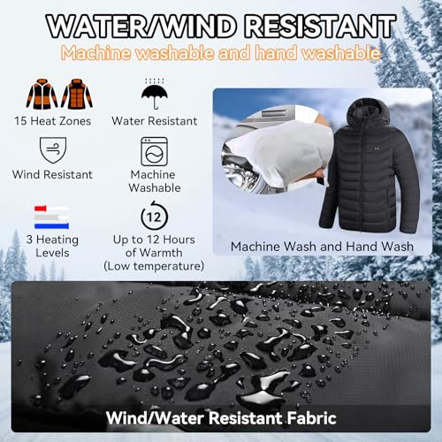 CHANGEOWN Heated Jackets for Women & Men, Dual-Control 15 Heating Zones Unisex Heating Jacket Coat with Battery, 3 Heating Levels Windproof & Waterproof Heating Jacket for Winter Outdoor, X-Large