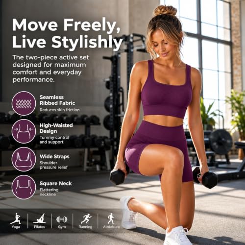 Women 2 Piece Ribbed Workout Set Quick Dry Sports Bra and High Waist Tummy Control Shorts Sets Yoga Gym Activewears Bralette For Women Navy One Size