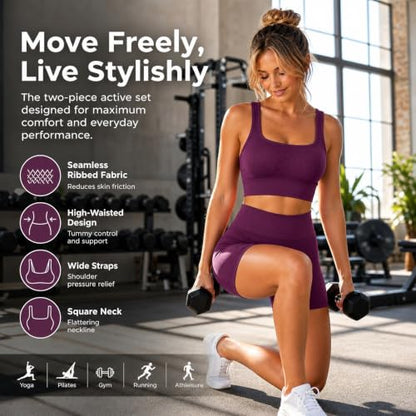 Women 2 Piece Ribbed Workout Set Quick Dry Sports Bra and High Waist Tummy Control Shorts Sets Yoga Gym Activewears Bralette For Women Navy One Size