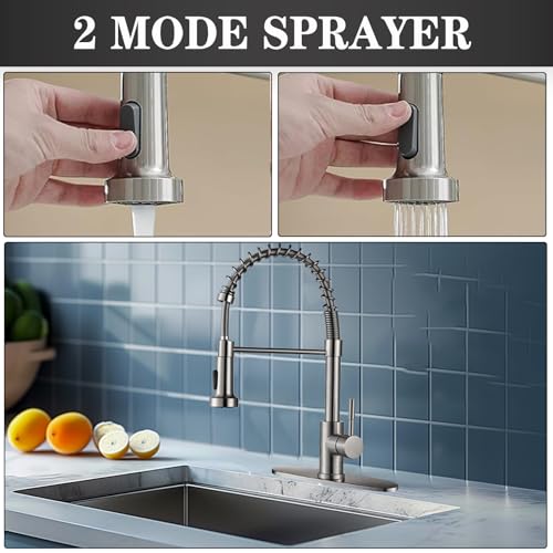 GIFTQOOL Brushed Nickel Kitchen Faucet with Pull Down Sprayer, Commercial Stainless Steel Kitchen Sink Faucets Single Handle Tap 1 Hole Modern RV Faucets
