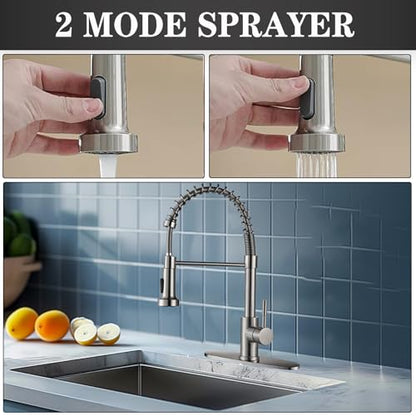 GIFTQOOL Brushed Nickel Kitchen Faucet with Pull Down Sprayer, Commercial Stainless Steel Kitchen Sink Faucets Single Handle Tap 1 Hole Modern RV Faucets