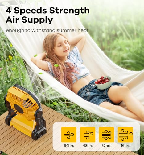DOWILLDO 20000mAh Battery Operated Fan, Camping Fan Rechargeable with LED Light & Hooks, Portable Tent Fan Outdoor for Picnic, Barbecue, Fishing, Travel（Yellow）