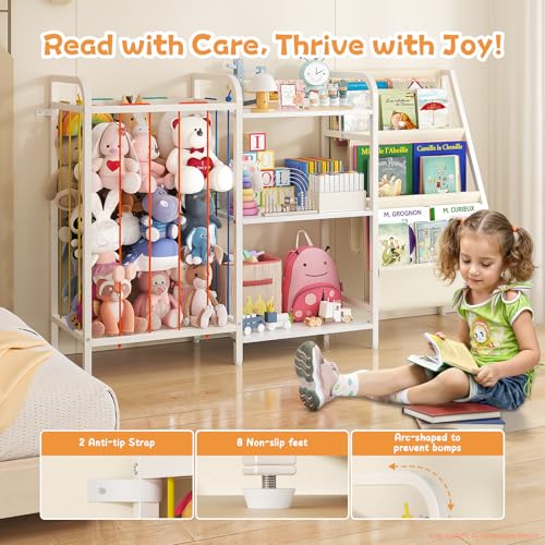 CYXPHION B1 Kids Bookshelf and Toy Storage, 3-Tier Book Shelf for Kids Rooms, Sling Baby Bookcase with Animal Storage, Montessori Toddler Bookshelf for Nursery, Bedroom, Playroom, White