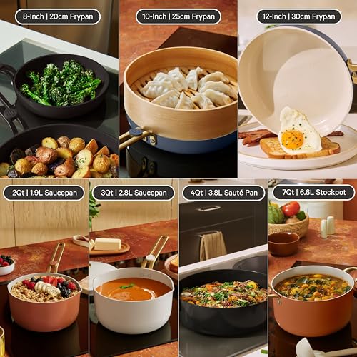 Our Place 17-Piece Essentials Complete Cookware Set - Ceramic Fry Pans, Saucepans, Sauté Pan, Stock Pot, Strainer Basket & Modular Storage | Thermakind™ Nonstick, Oven Safe up to 230°C | Cream